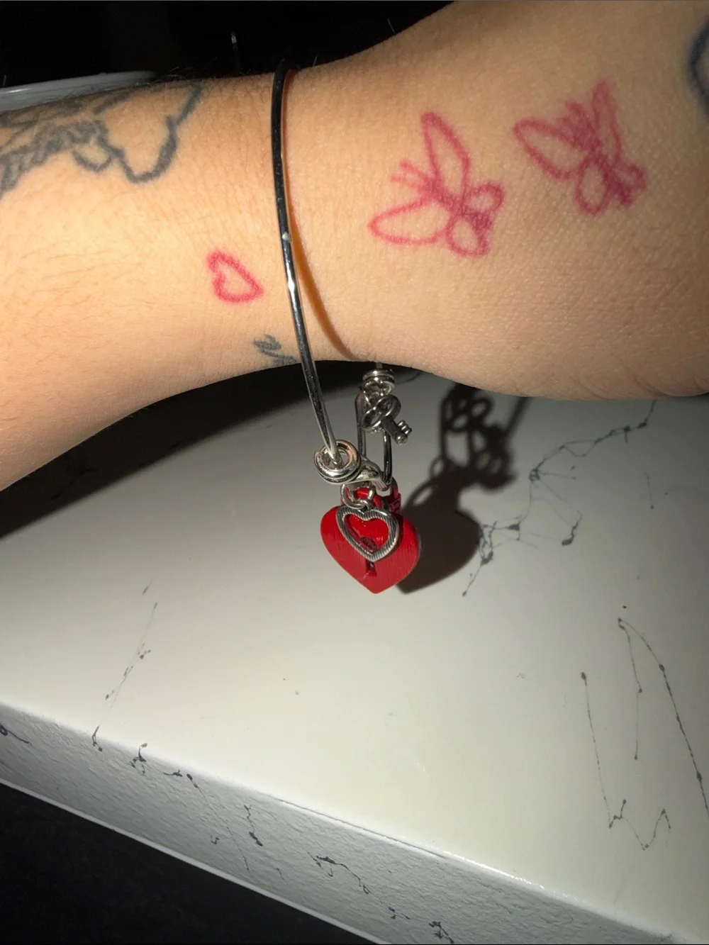 paparazzi Silver-Tone Bangle with Red Heart, Red Lock & Key Charms